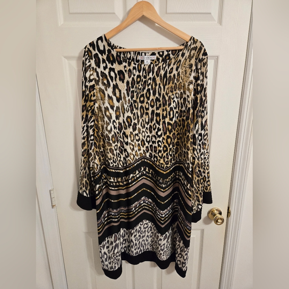 Brown And Black Leopard Print Long Sleeve Sheath Dress AA Studio Size 2X